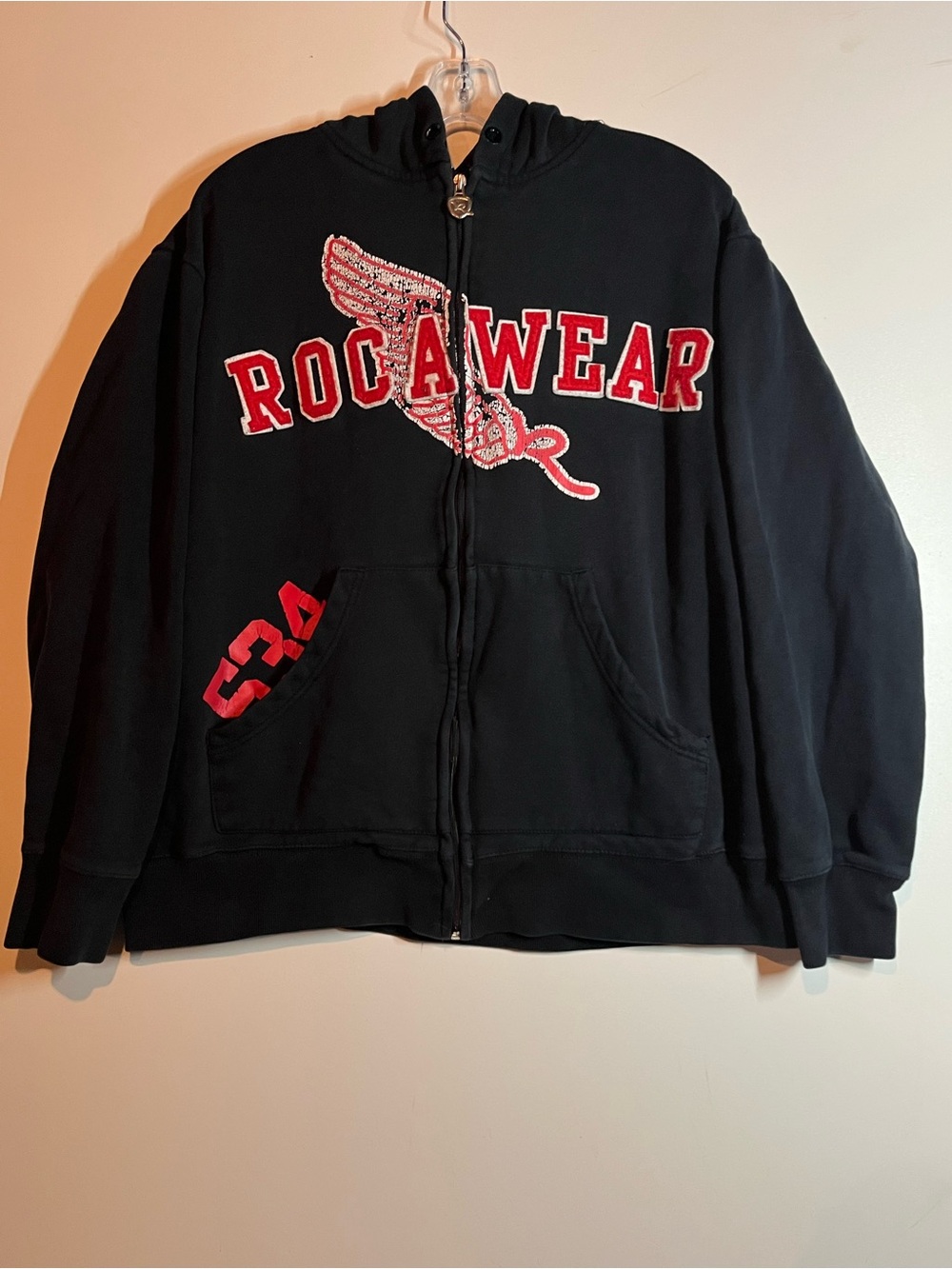 Y2K Rocawear 534 Embroidered Black Zip-Up Red Spellout Hoodie